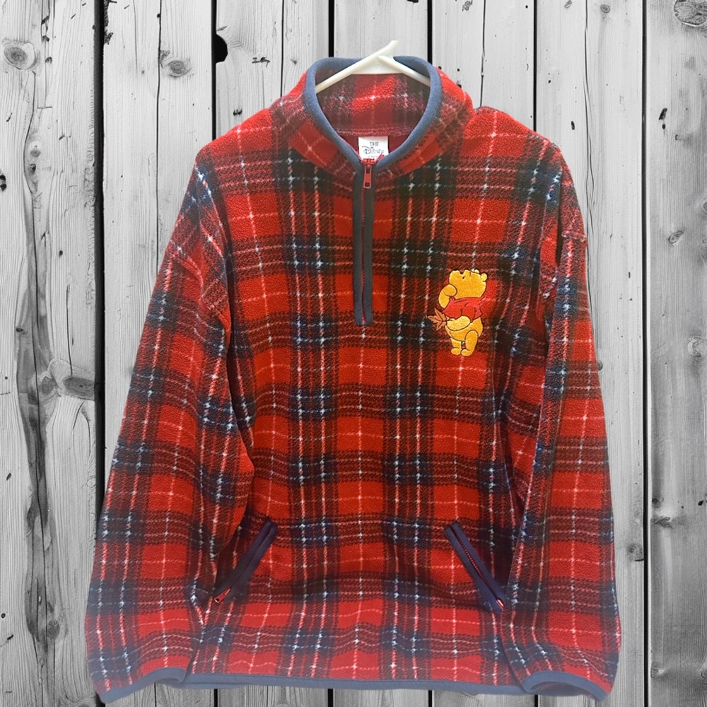 Disney Store vtg 90’s Red Plaid Zip-Up Sweater with Winnie the Pooh Patch L Mens